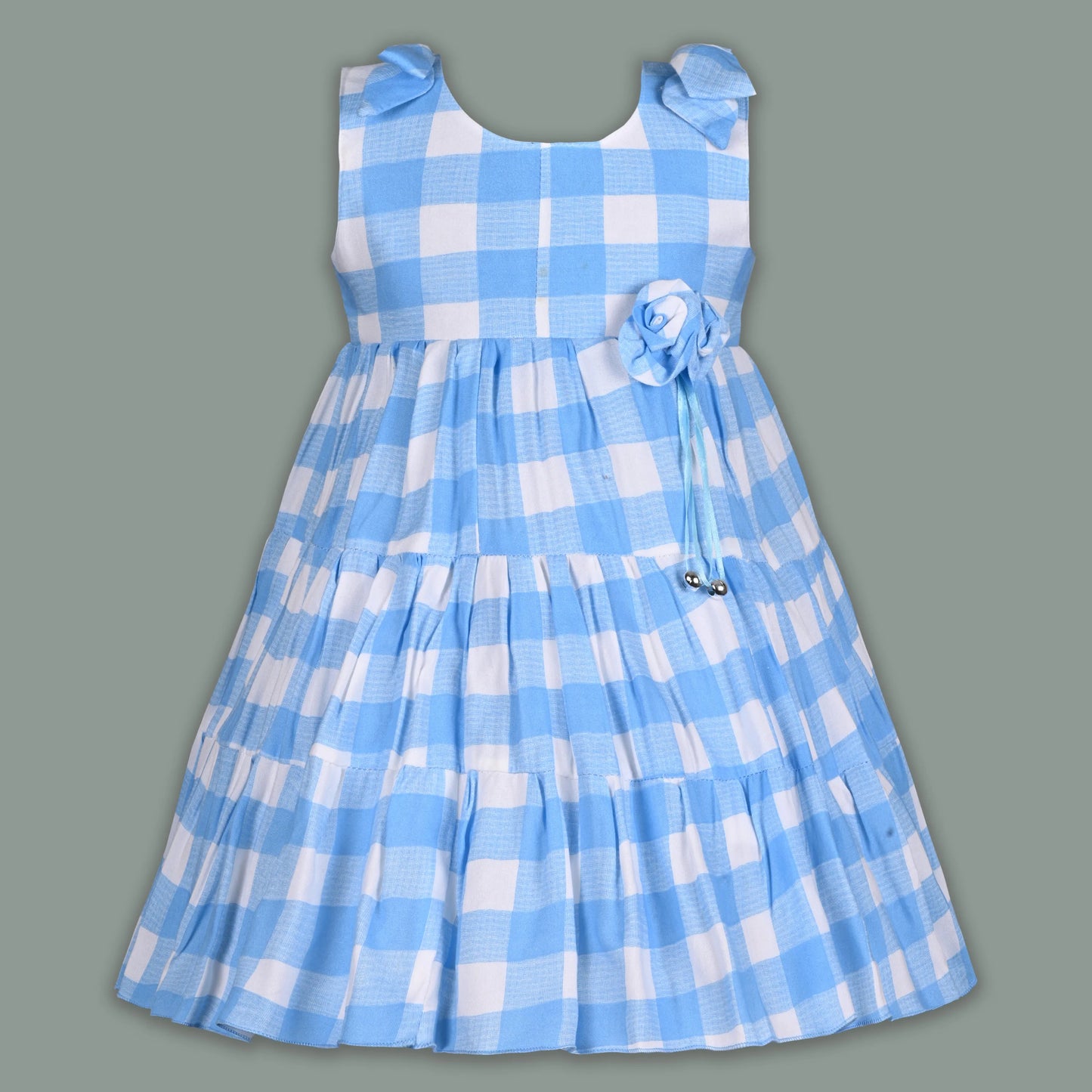 Girls Cotton Checked Party Frock for Girls with Floral Detail
