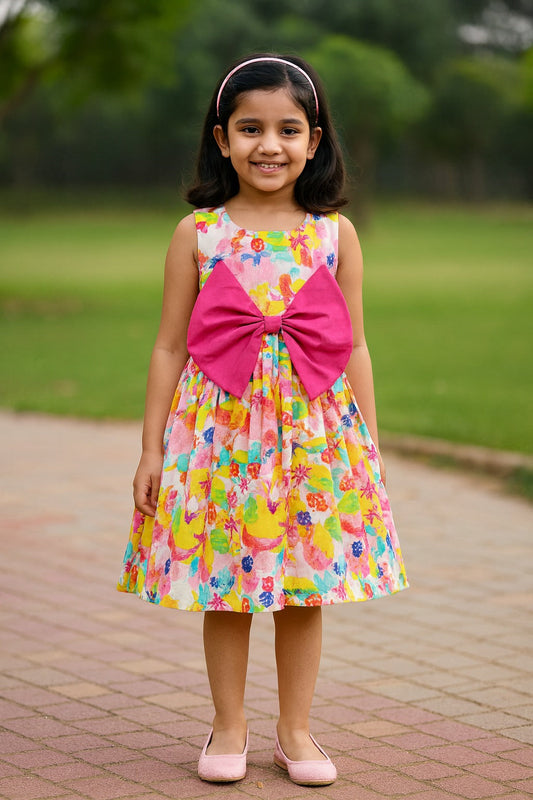Girls Vibrant Floral Bow Summer Casual Dress - Wish Karo
