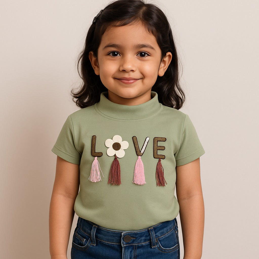 Girls High Neck Cotton T-shirt with Love Embroidery & Tassel Detailing tg401