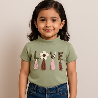 Girls High Neck Cotton T-shirt with Love Embroidery & Tassel Detailing tg401