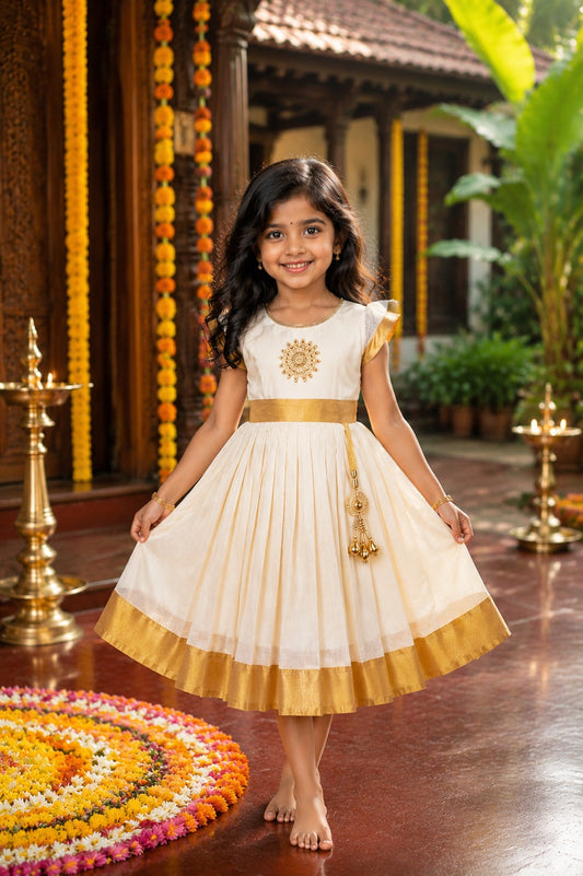 Baby Girls Onam Cotton Pattu Dress with Gold Border & Embellished Yoke fe3547crm