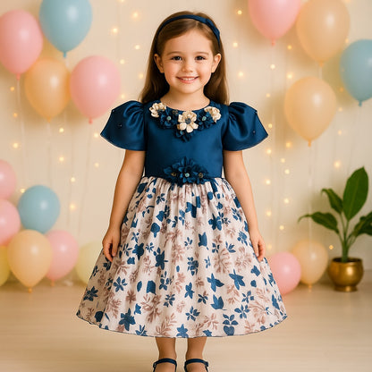 Girls Floral Embellished Printed Party Dress fep3427