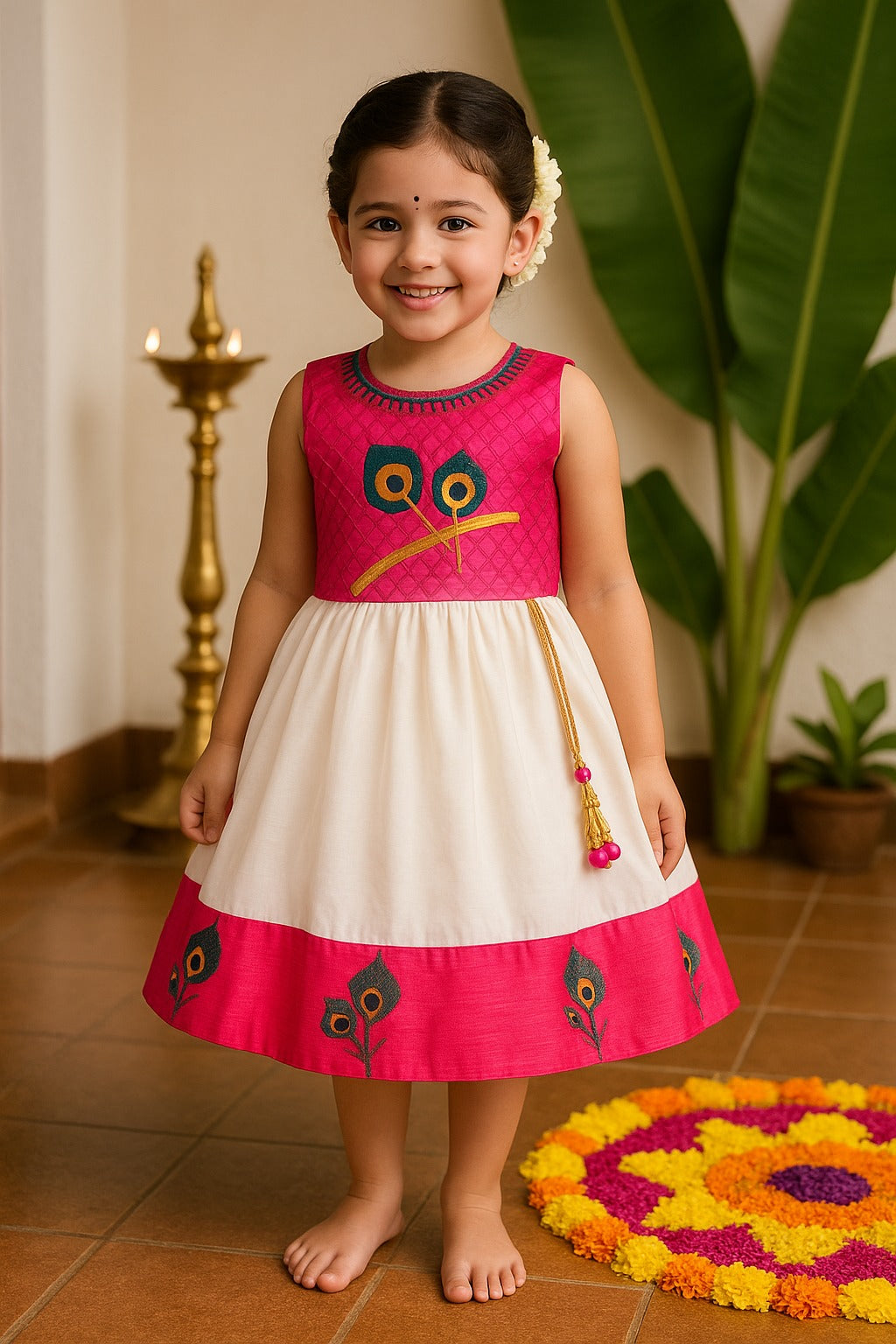 Baby Girls Peacock Embroidered Pleated Frock Dress for Onam - Wish Karo