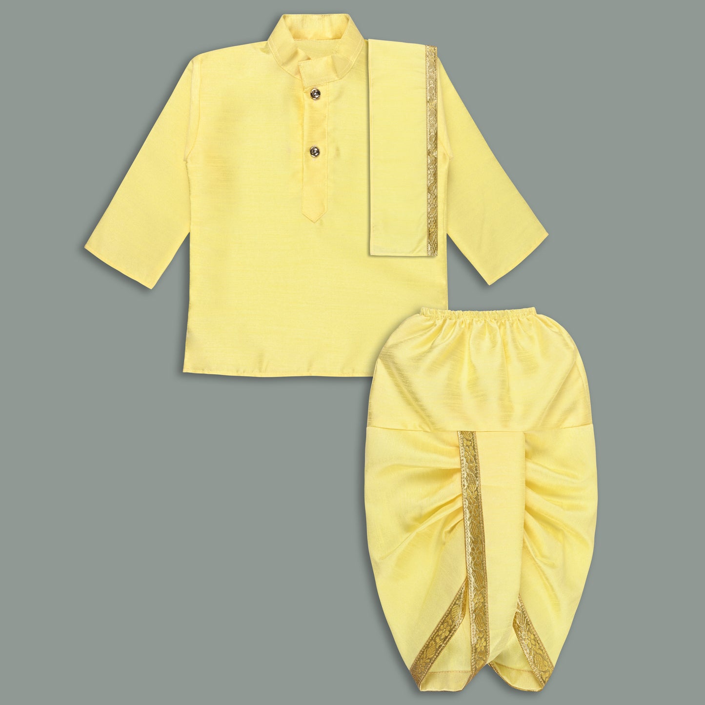 Boys Traditional Art Silk Kurta and Dhoti Set – Gold Detailing