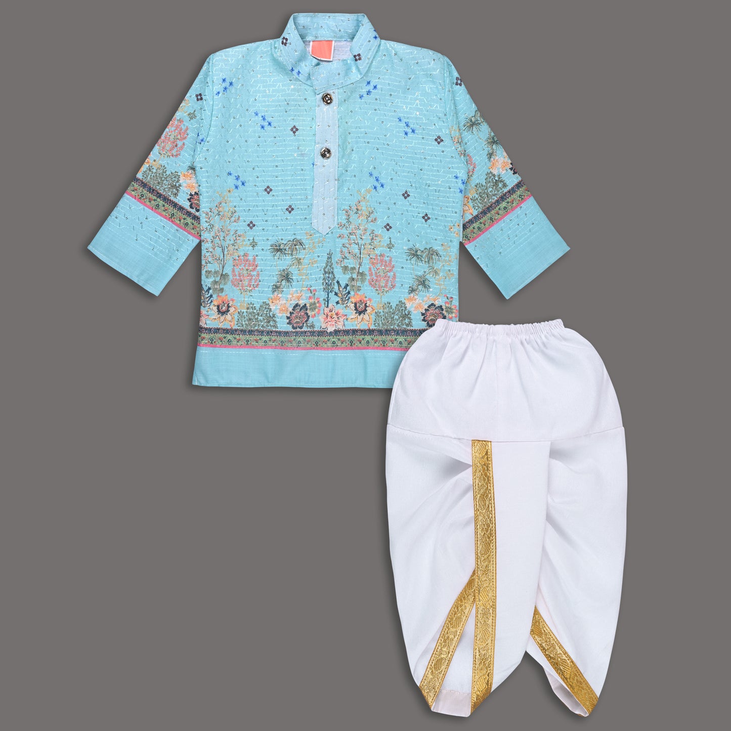 Boys Traditional Printed Art Silk Kurta and Dhoti Set
