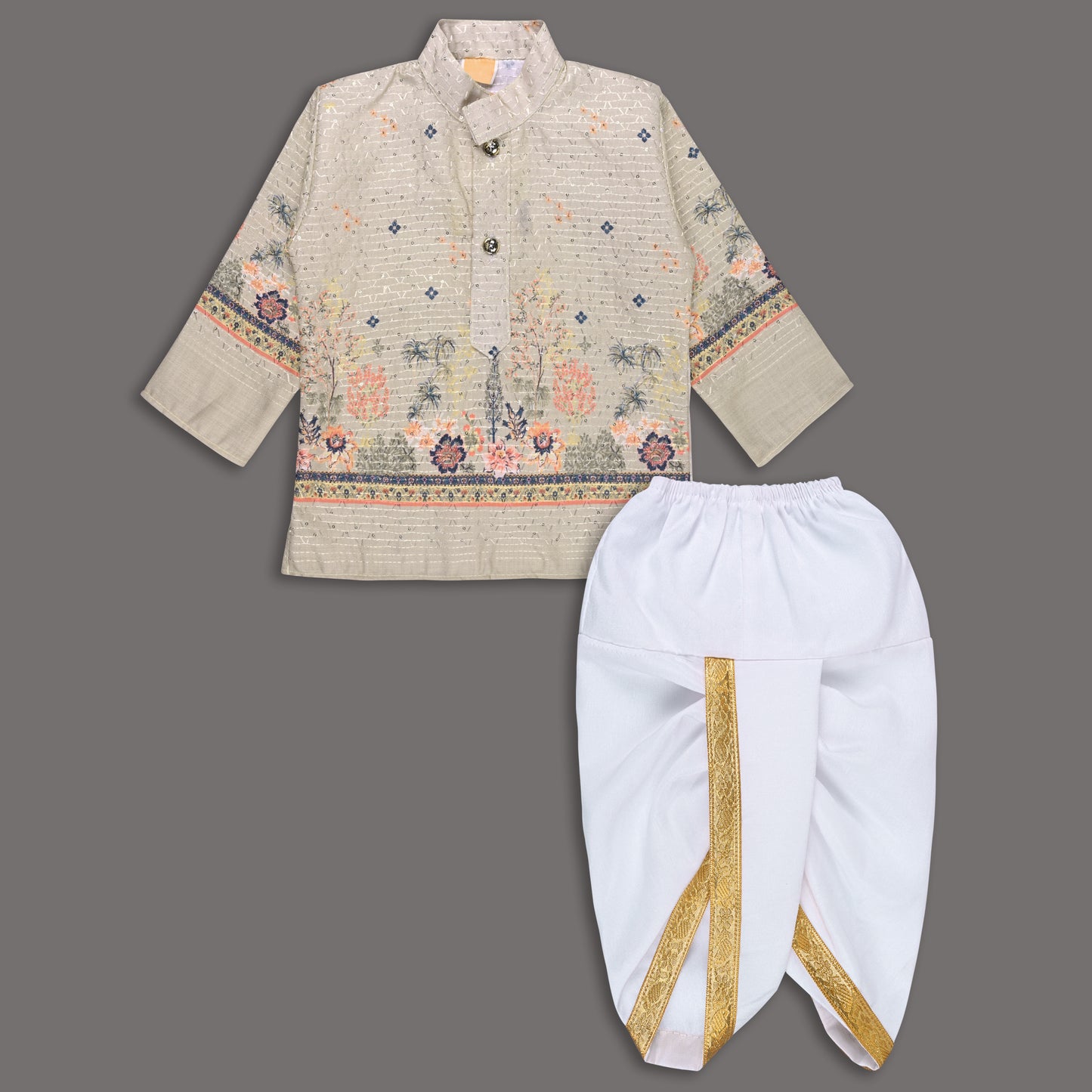 Boys Traditional Printed Art Silk Kurta and Dhoti Set