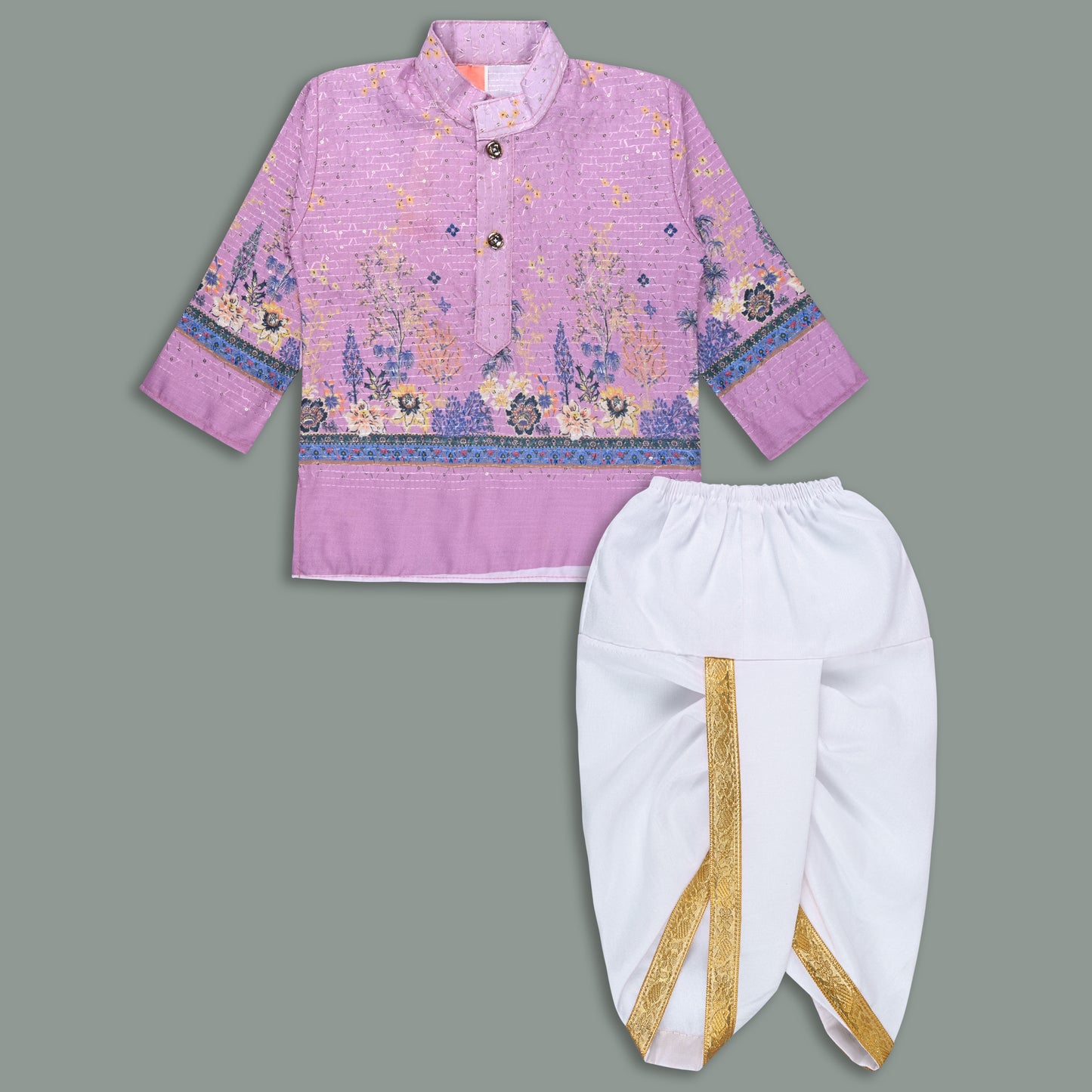 Boys Traditional Printed Art Silk Kurta and Dhoti Set