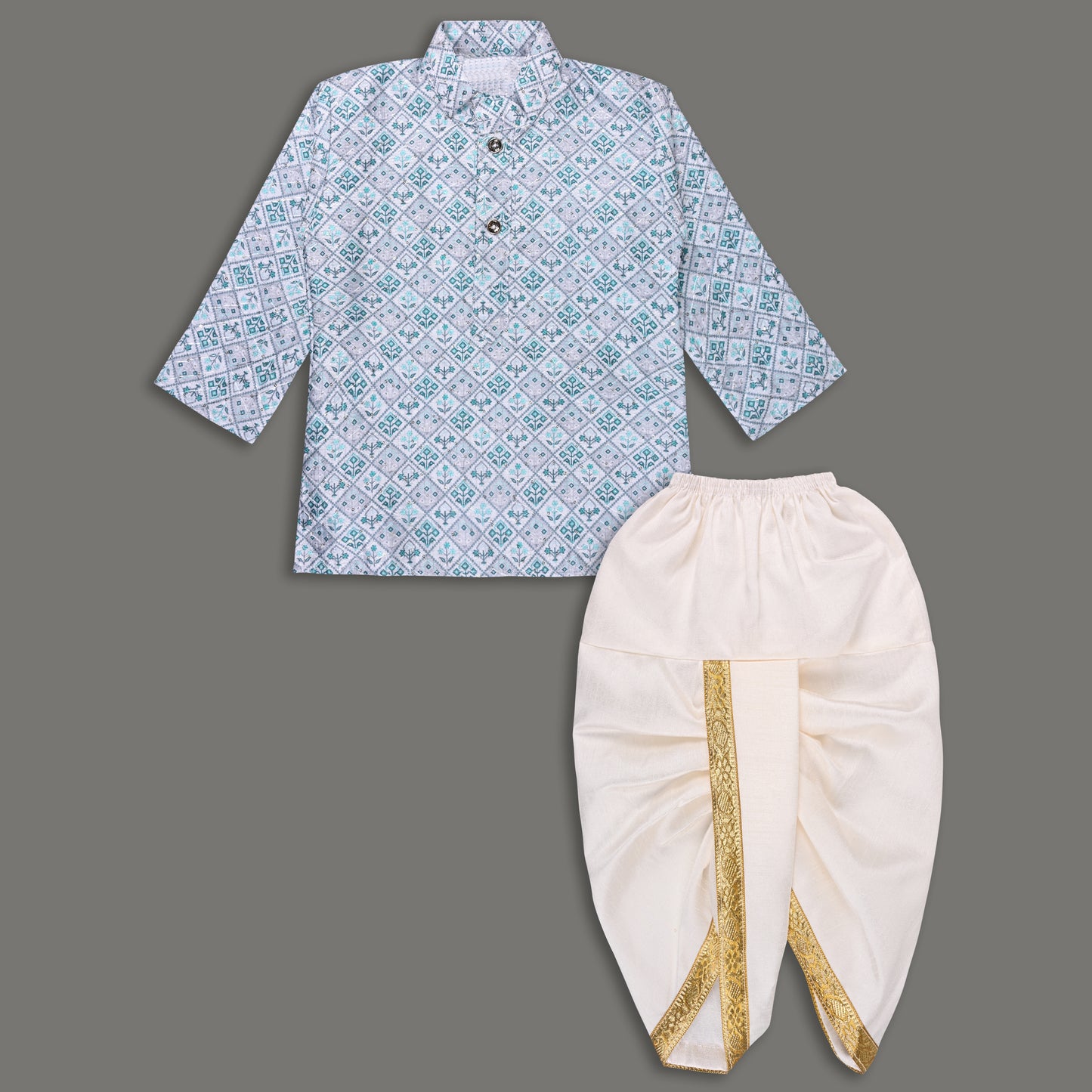 Boys Traditional Printed Art Silk Kurta and Dhoti Set