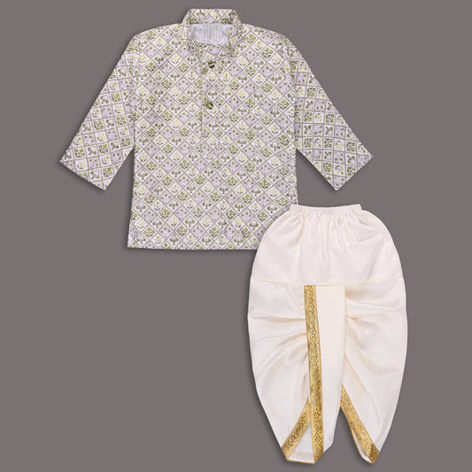 Boys Traditional Printed Art Silk Kurta and Dhoti Set