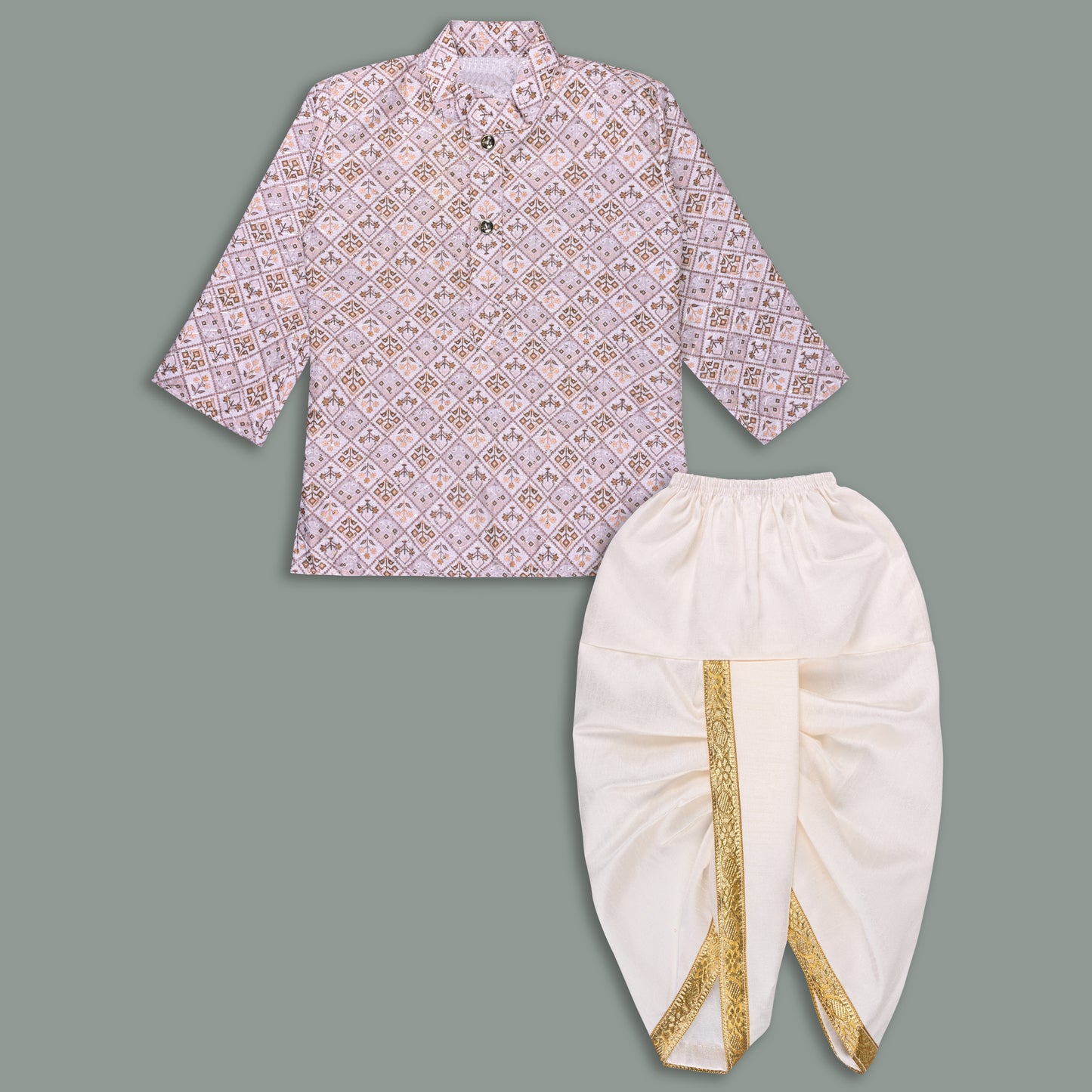 Boys Traditional Printed Art Silk Kurta and Dhoti Set