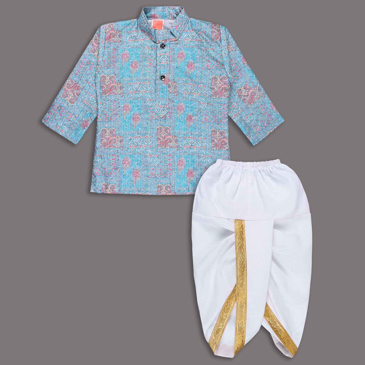 Boys Traditional Printed Art Silk Kurta and Dhoti Set