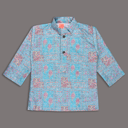 Boys Traditional Printed Art Silk Kurta and Dhoti Set