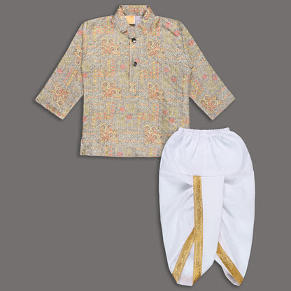 Boys Traditional Printed Art Silk Kurta and Dhoti Set