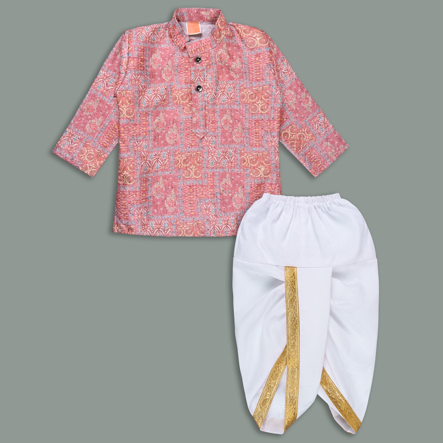 Boys Traditional Printed Art Silk Kurta and Dhoti Set