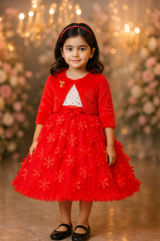 baby girls partywear frocks dress | Red Christmas Winter & Festive Baby Girls Dress with Fur Shrug