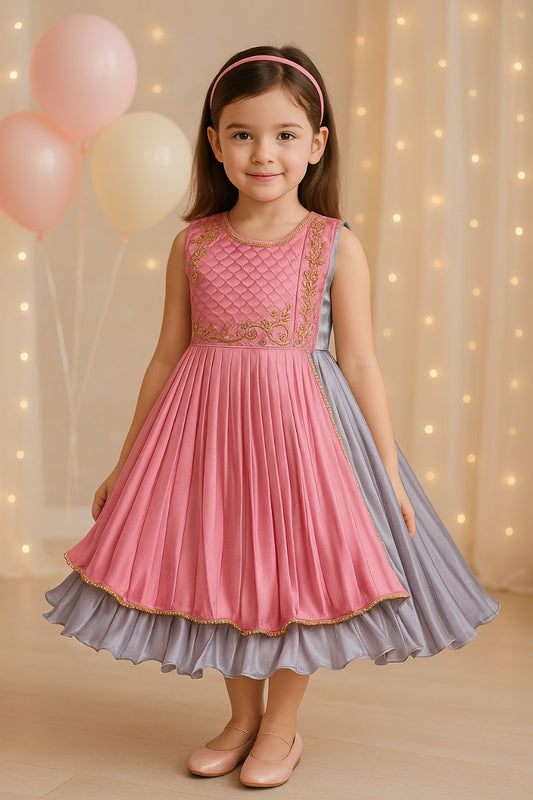 Girls Layered Pleated Embroidered Ethnic Dress