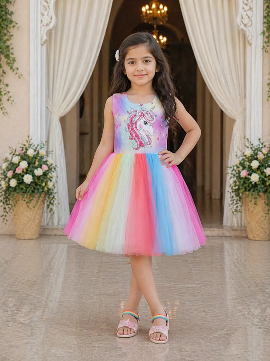 Girls Colorful unicorn flared dress - Wish Karo