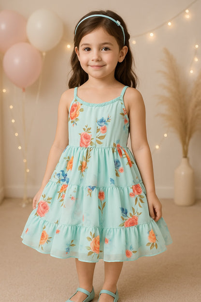 Girls Floral Printed Strappy Dress fe3149blu