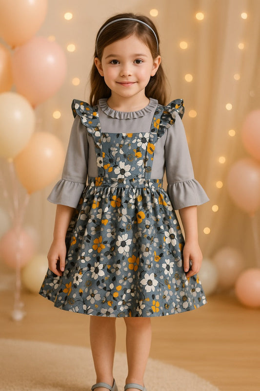 Grey Floral Printed Dungaree Dress - Wish Karo