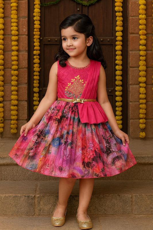 Girls Knee Length Satin Floral Print Dress - Wish Karo
