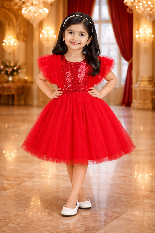Girls Knee Length Net Sequin Print Frock Dress