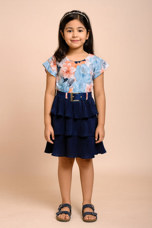 Girls Floral Print Layered Casual Dress with Belt - Wish Karo - photo 1