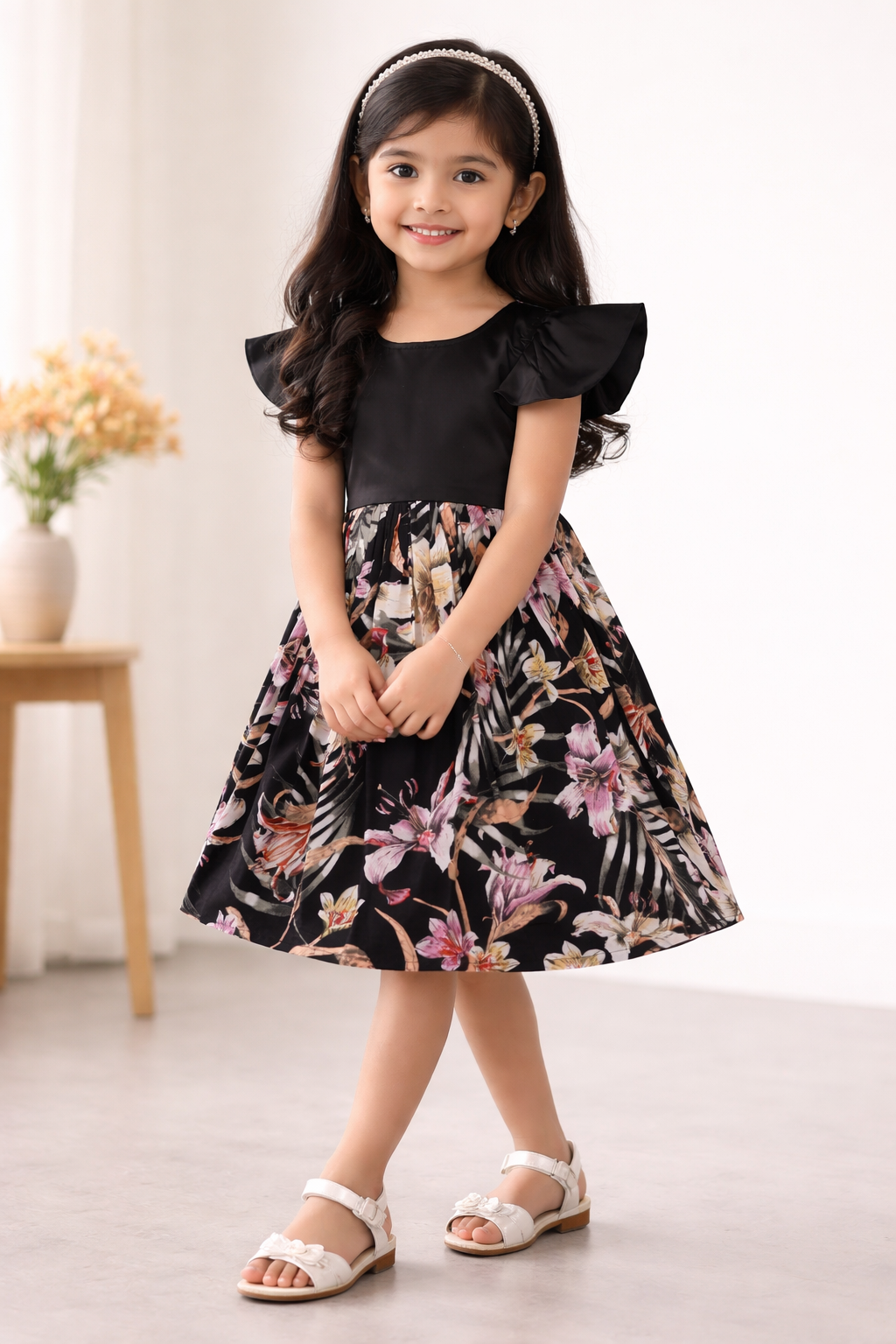 Girls Floral Print Cap Sleeve A-Line Frock Dress (fe3321blk)