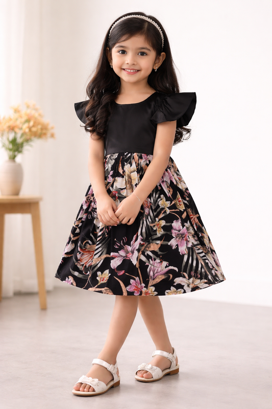 Girls Floral Print Cap Sleeve A-Line Frock Dress (fe3321blk)