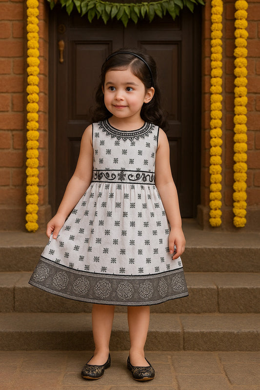 Girls Bead Embellished Woven Zari Border Ethnic Dress fe3448gry