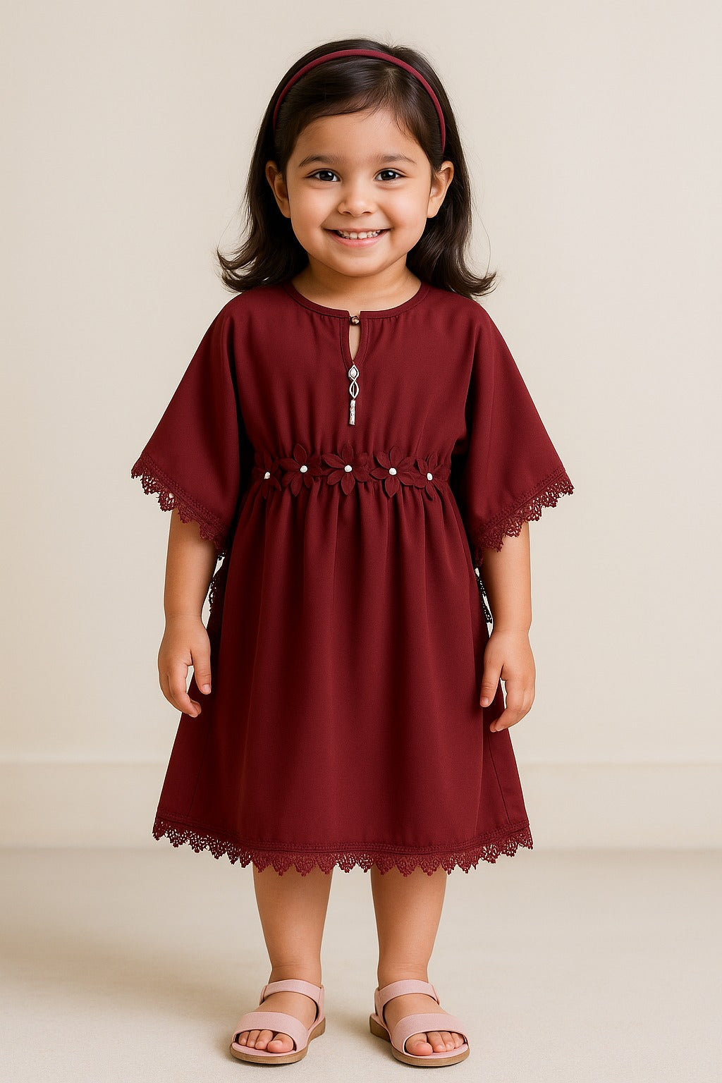 Girls Kaftan Style Casual Dress with Lace Embellishment  fe3484