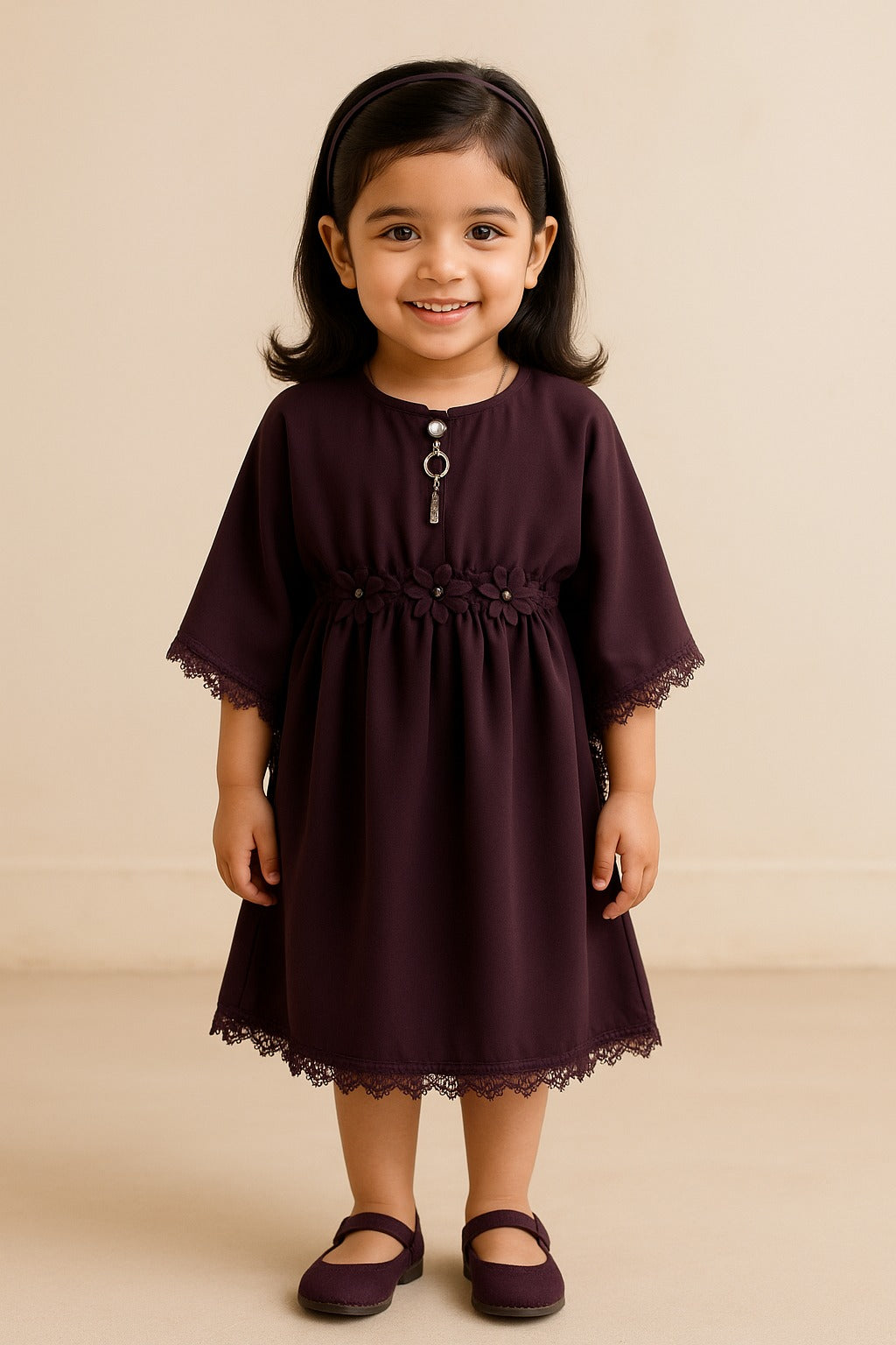 Girls Kaftan Style Casual Dress with Lace Embellishment  fe3484