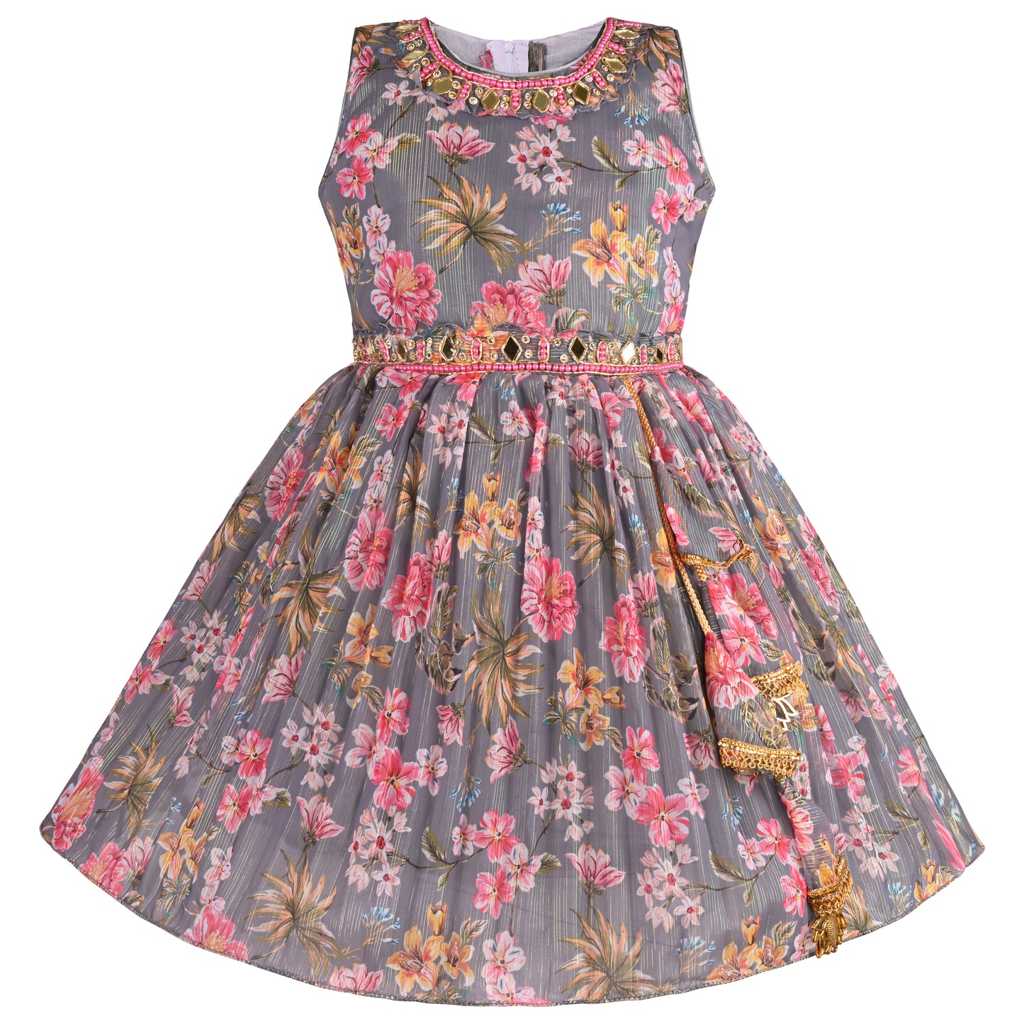 Girls Floral Chiffon Summer Dress with Mirror Work Festive Wear
