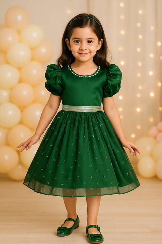 Girls Pearl Embellished Balloon Sleeve Party Dress fe3526