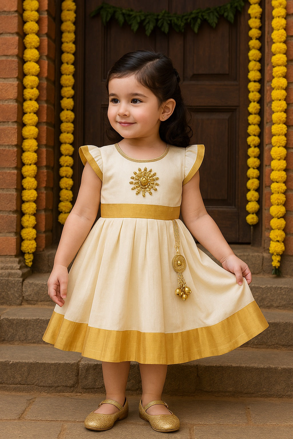 Baby Girls Onam Cotton Pattu Dress with Gold Border & Embellished Yoke fe3547crm