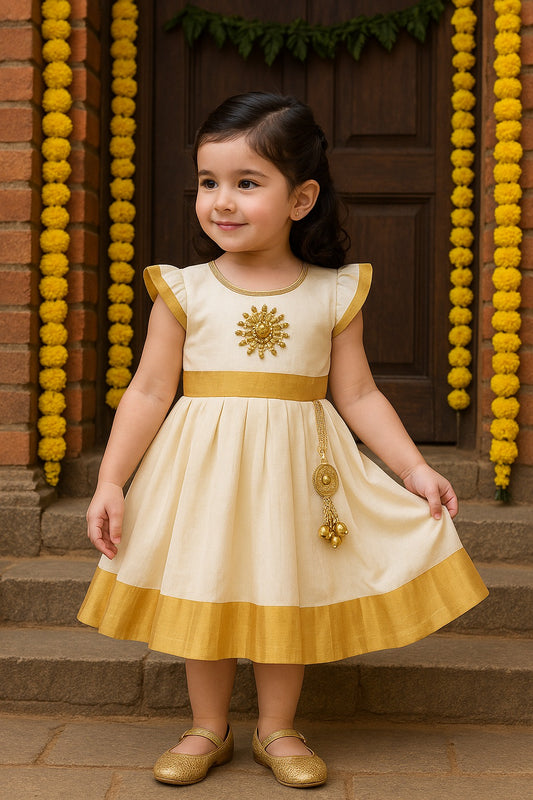 Baby Girls Onam Cotton Pattu Dress with Gold Border & Embellished Yoke fe3547crm