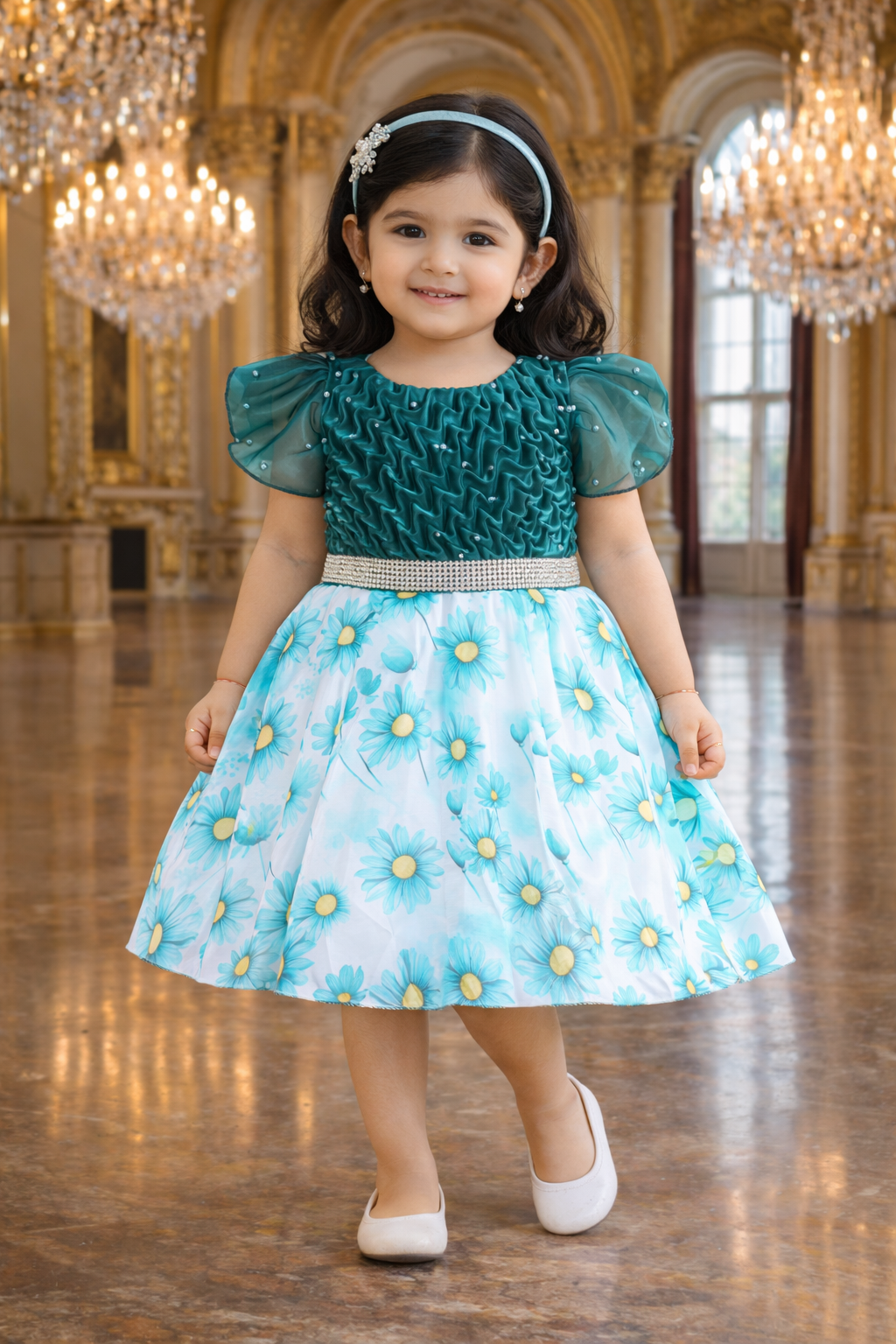Beautiful Satin Party Dress for Girls – Puff Sleeves with Floral Print Skirt and Pearl Detailing fe3569