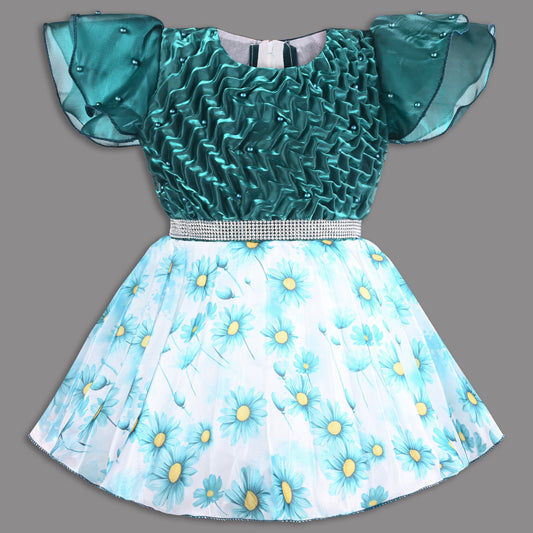Beautiful Satin Party Dress for Girls â€“ Puff Sleeves with Floral Print Skirt and Pearl Detailing - Wish Karo