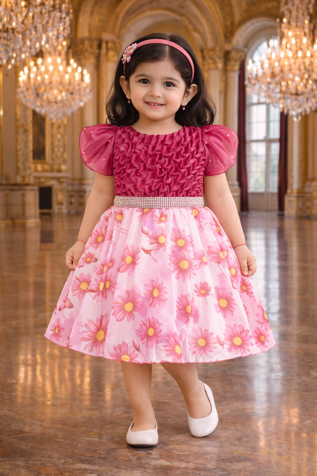 Beautiful Satin Party Dress for Girls – Puff Sleeves with Floral Print Skirt and Pearl Detailing fe3569