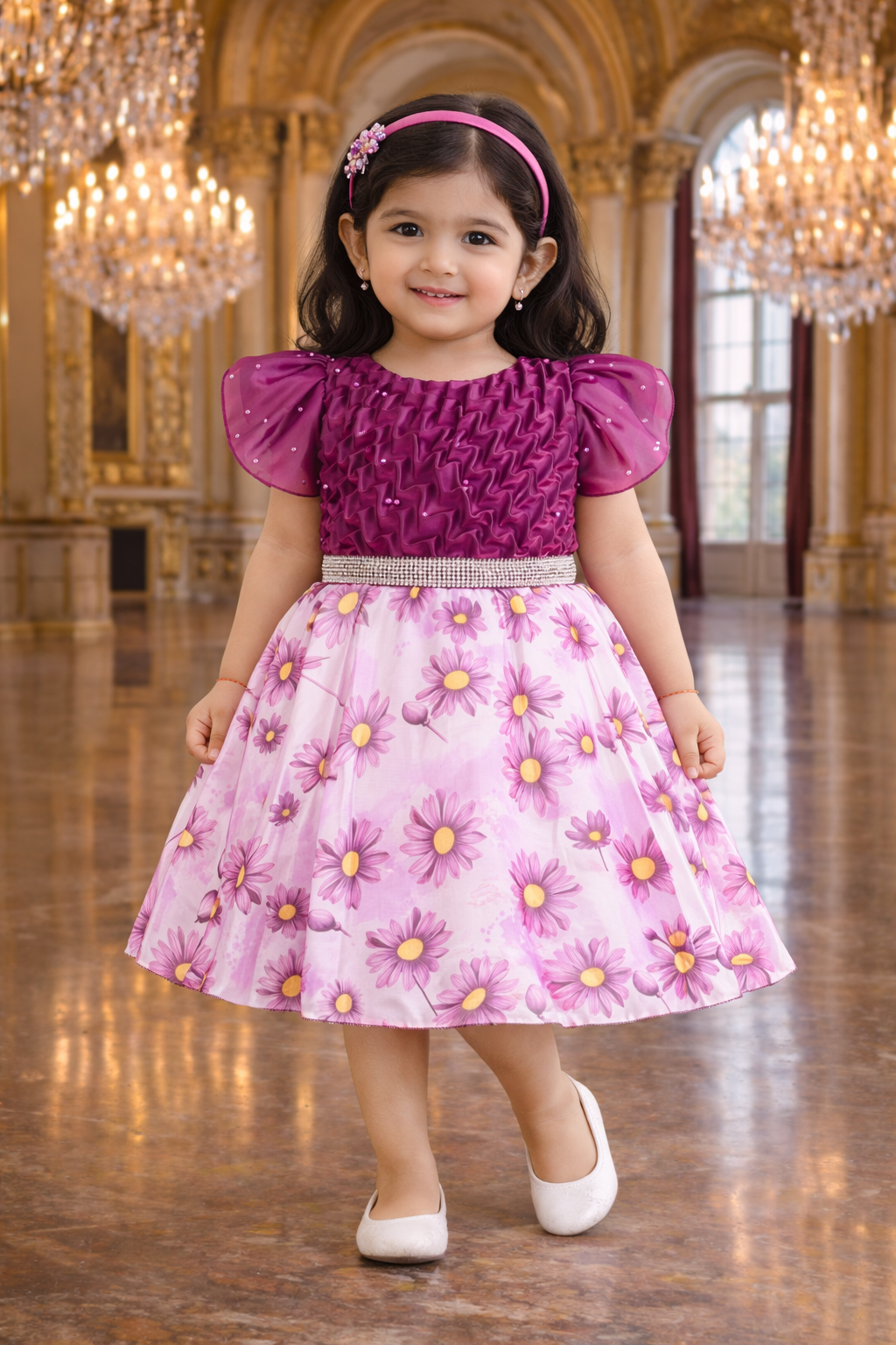 Beautiful Satin Party Dress for Girls – Puff Sleeves with Floral Print Skirt and Pearl Detailing fe3569