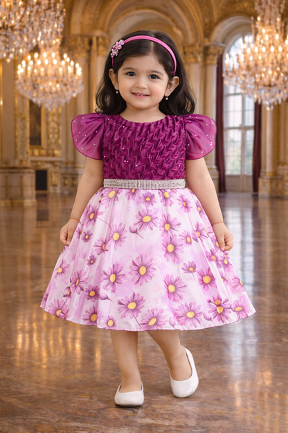 Beautiful Satin Party Dress for Girls – Puff Sleeves with Floral Print Skirt and Pearl Detailing fe3569
