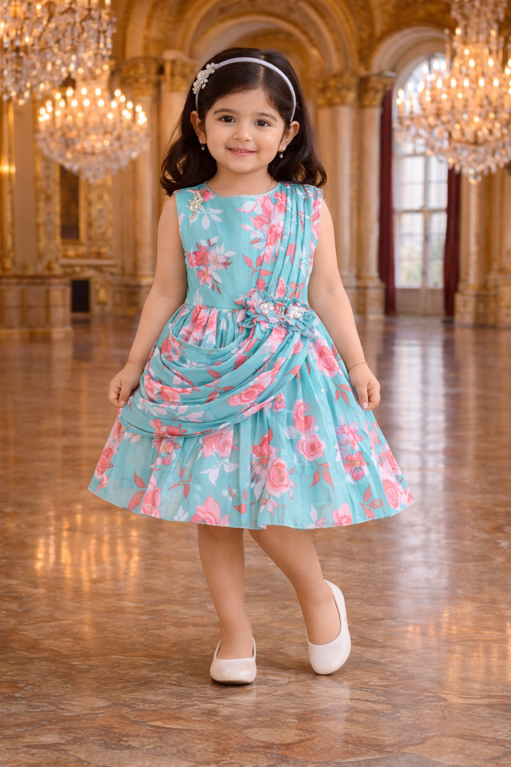 Elegant Floral Georgette Party Dress for Girls – Sleeveless Design with Drape and Flower Embellishment fe3571
