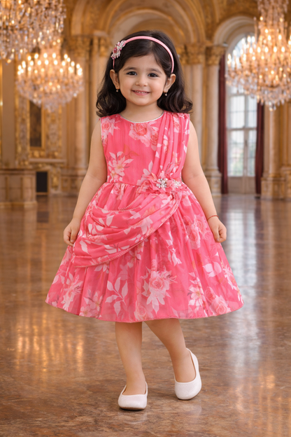 Elegant Floral Georgette Party Dress for Girls – Sleeveless Design with Drape and Flower Embellishment fe3571