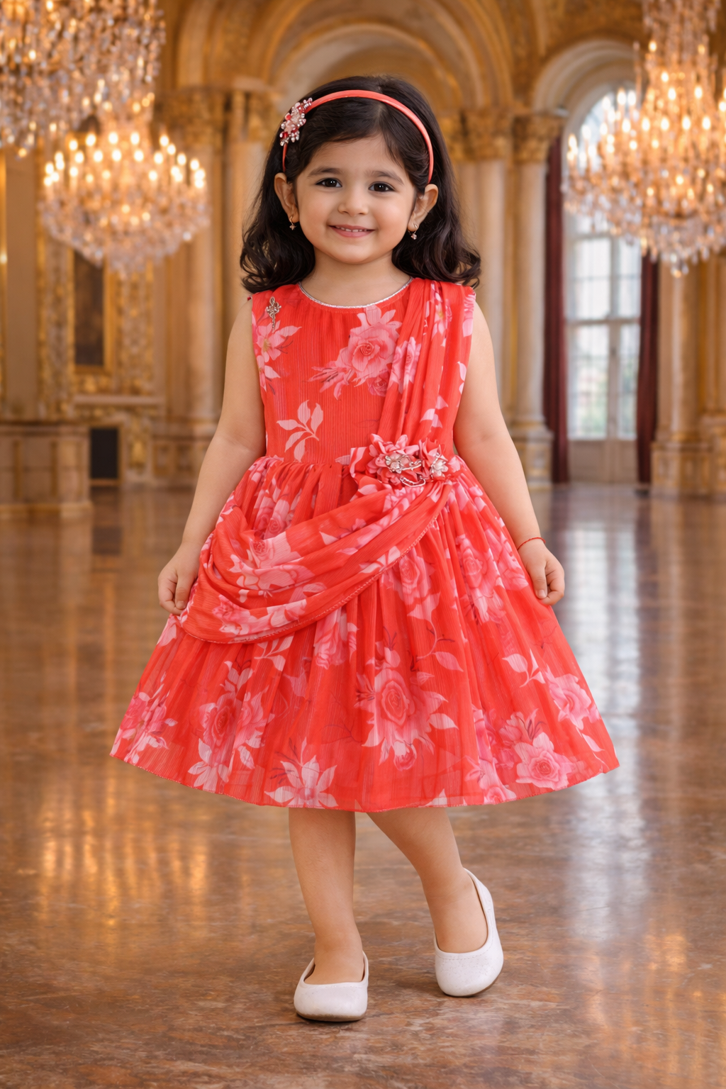 Elegant Floral Georgette Party Dress for Girls – Sleeveless Design with Drape and Flower Embellishment fe3571