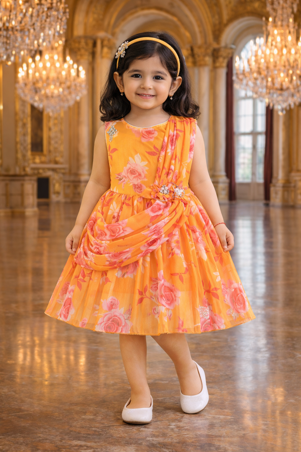 Elegant Floral Georgette Party Dress for Girls – Sleeveless Design with Drape and Flower Embellishment fe3571