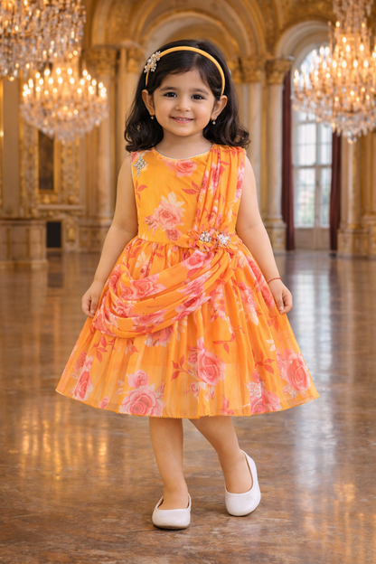 Elegant Floral Georgette Party Dress for Girls – Sleeveless Design with Drape and Flower Embellishment fe3571