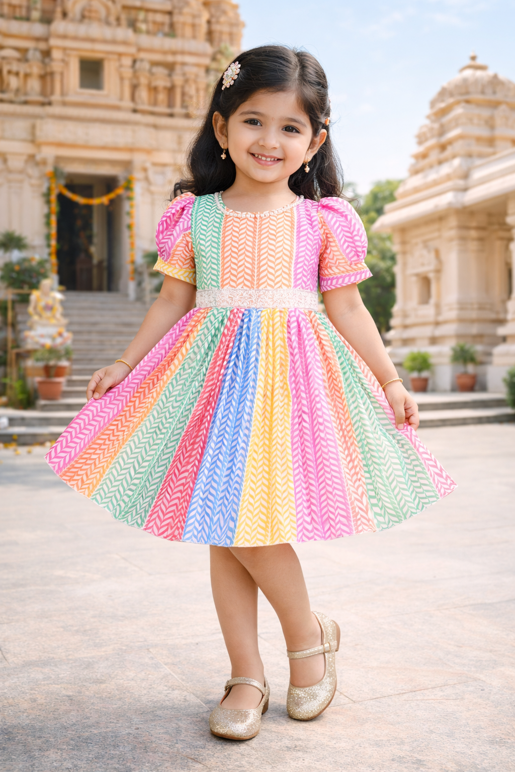 Girls Multicolor Party Wear Fit & Flare Dress | Georgette Fabric | Puff Sleeves & Beaded Neck Design fe3577