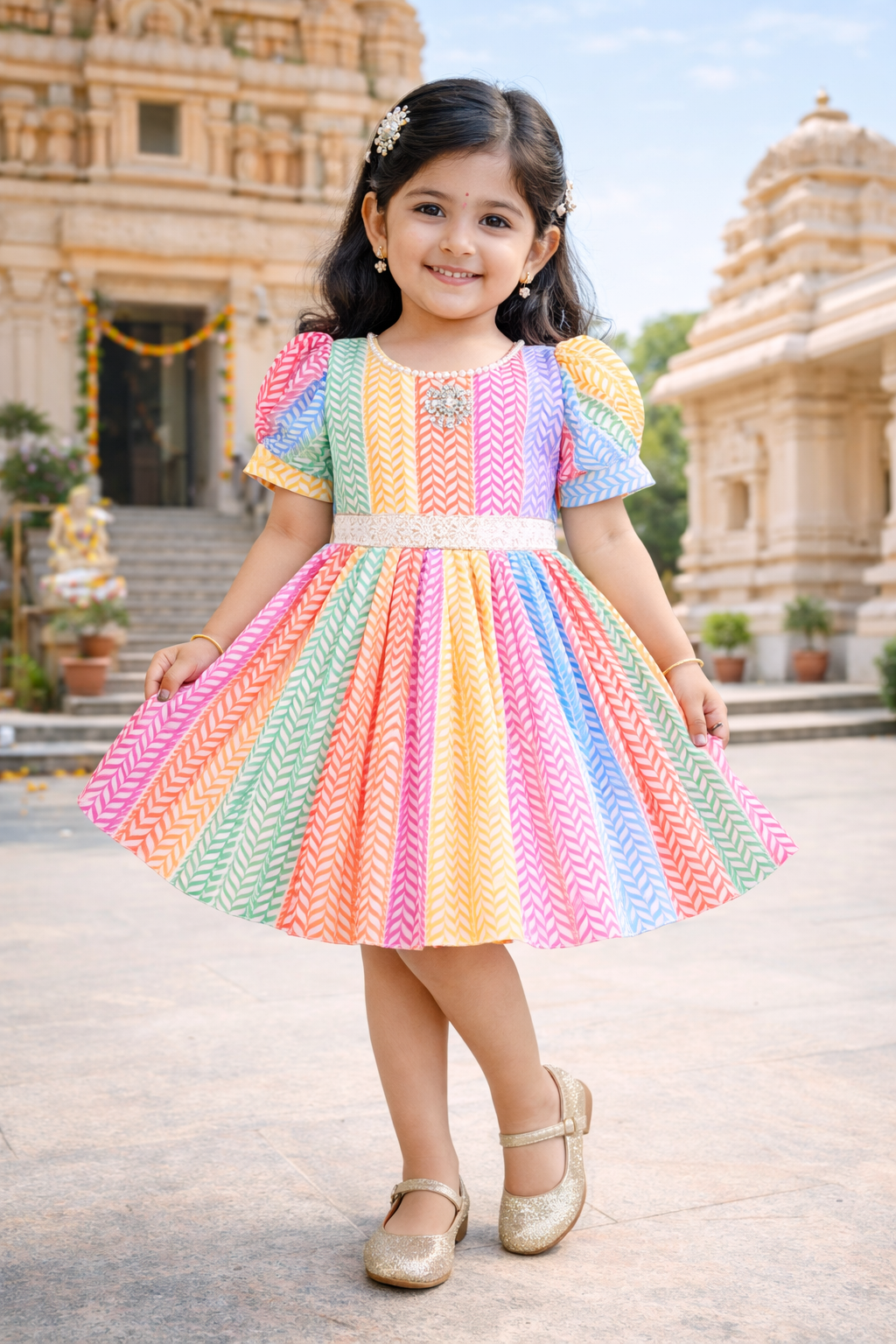 Girls Multicolor Party Wear Fit & Flare Dress | Georgette Fabric | Puff Sleeves & Beaded Neck Design fe3577