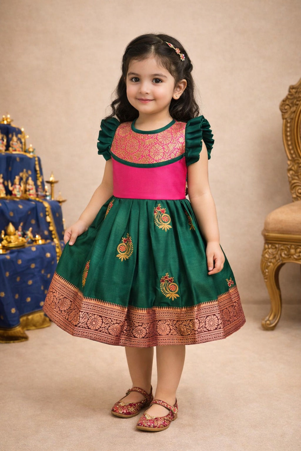 Girls Traditional Silk Party Frock – Banarasi Pattu Dress
