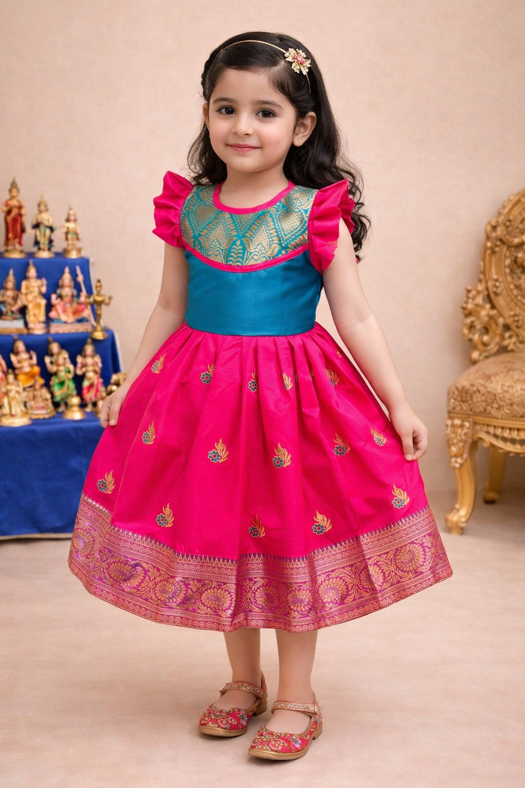 Girls Traditional Silk Party Frock – Banarasi Pattu Dress