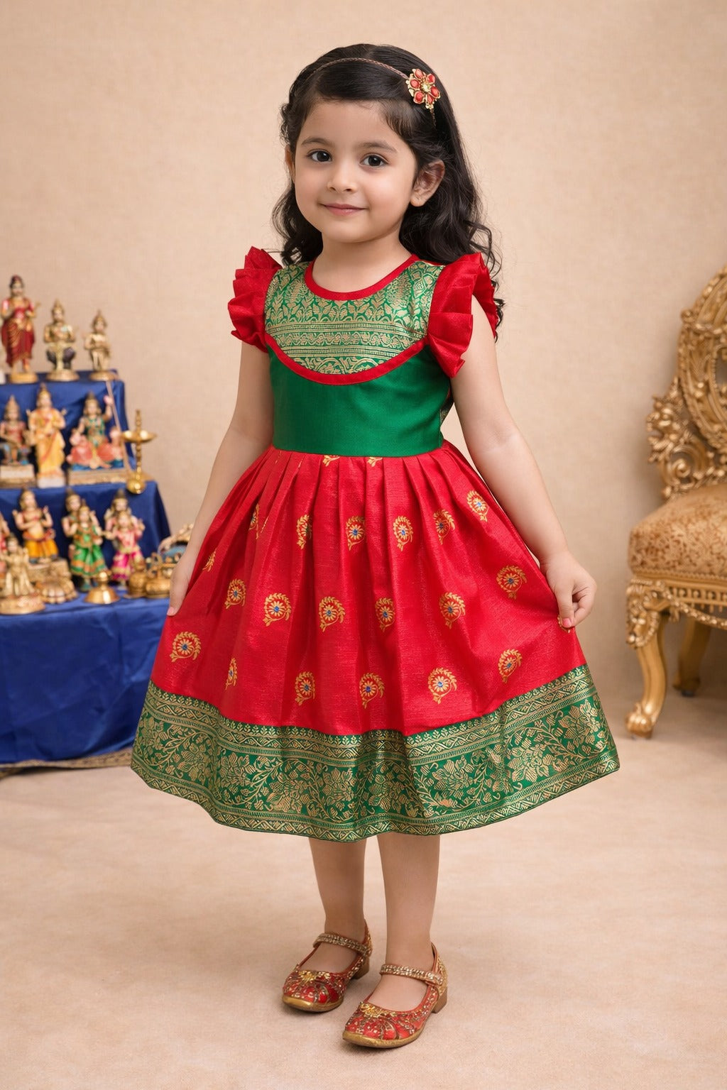Girls Traditional Silk Party Frock – Banarasi Pattu Dress